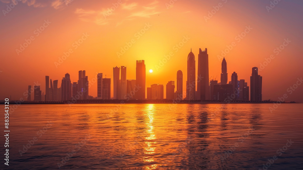 Iconic Landmarks: Notable structures such as the Etihad Towers and the Sheikh Khalifa Bridge stand majestically, their architectural elegance enhanced by the warm glow of the setting sun.
