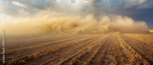 Golden wheat blowing in the wind, clouds of dust covering the horizon in a storm. photo