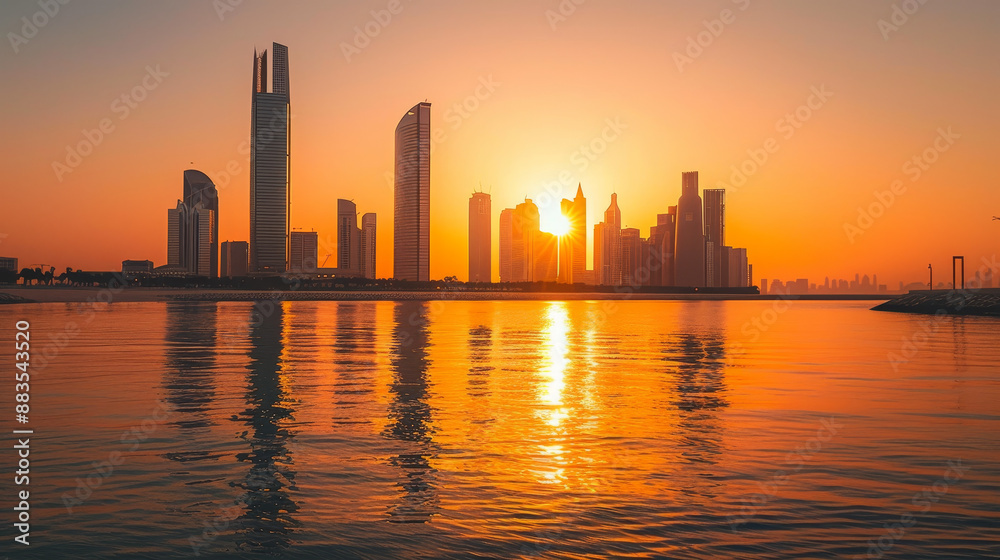 Obraz premium Iconic Landmarks: Notable structures such as the Etihad Towers and the Sheikh Khalifa Bridge stand majestically, their architectural elegance enhanced by the warm glow of the setting sun.