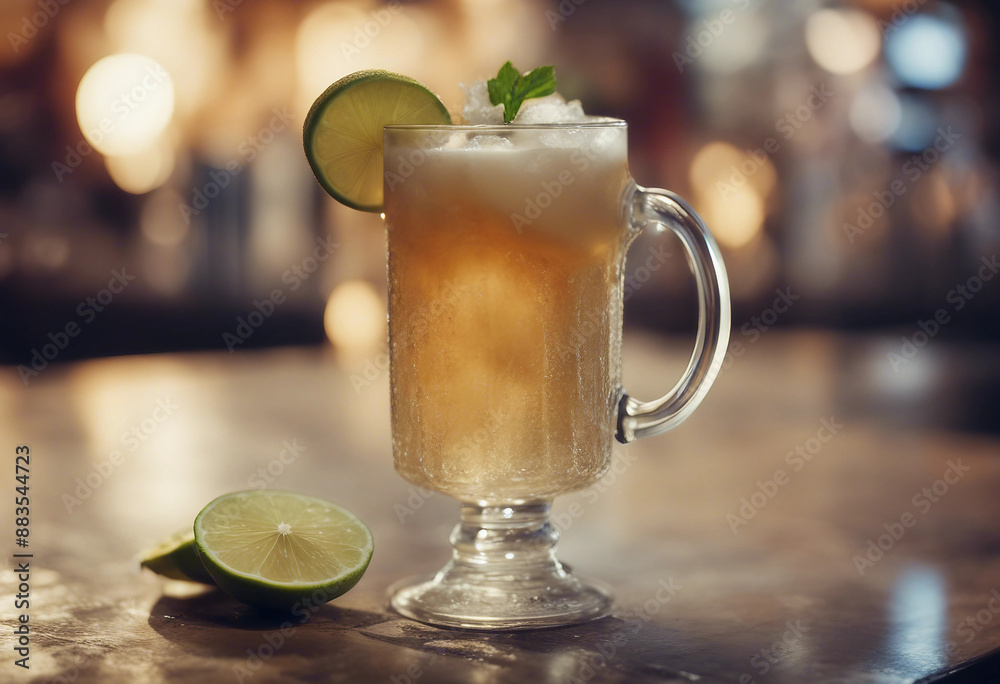 Ginger beer in a frosty mug with fresh ginger and lime in a chic cocktail bar Ginger beer in a frosty mug with fresh ginger and lime in a chic cocktail bar