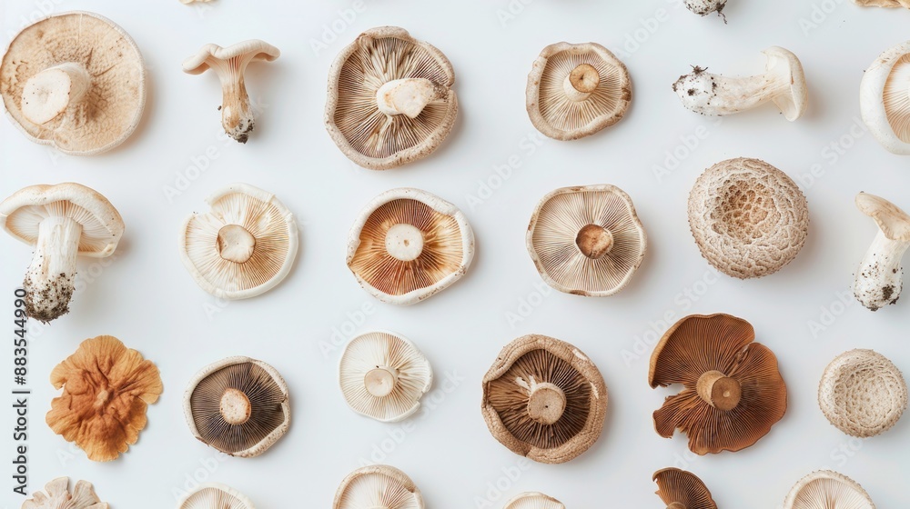 Various wild mushrooms on a white background. Concept of foraging, fungi, nature exploration, food ingredient Various wild mushrooms on a white background. Concept of foraging, fungi, nature exploration, food ingredient