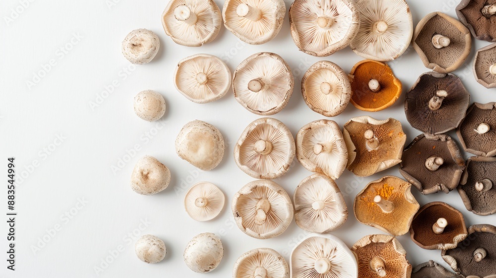 Various wild mushrooms on a white background. Concept of foraging, fungi, nature exploration, food ingredient Various wild mushrooms on a white background. Concept of foraging, fungi, nature exploration, food ingredient