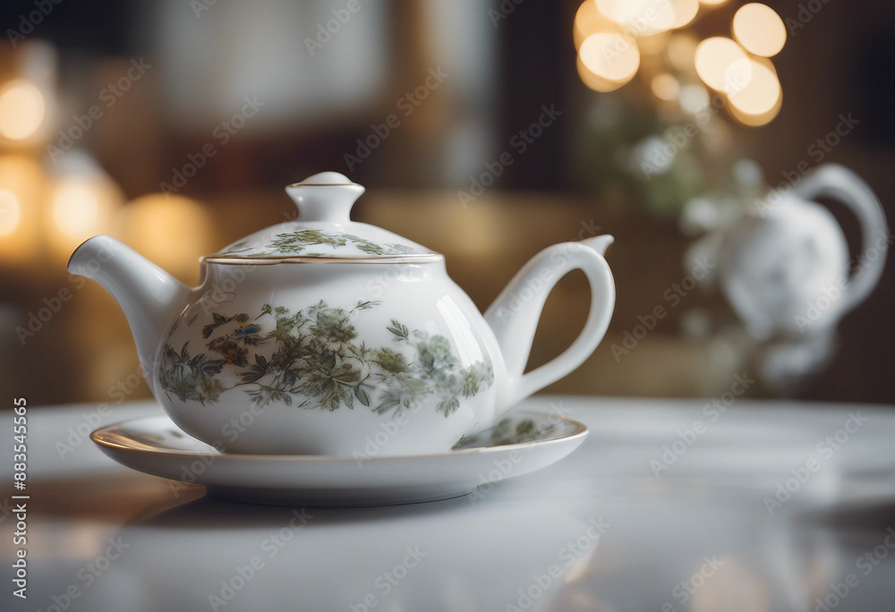 Herbal tea in a porcelain teapot with a matching teacup in an elegant tea room Herbal tea in a porcelain teapot with a matching teacup in an elegant tea room