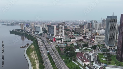 Aerial video over Abidjan Ivory Coast in the evening