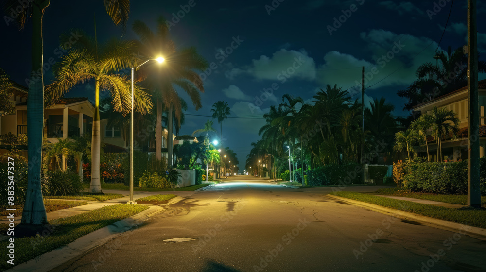 Naklejka premium Palm Trees: Lining the street, tall palm trees sway gently in the warm night breeze, their fronds rustling softly against the backdrop of a clear sky. 