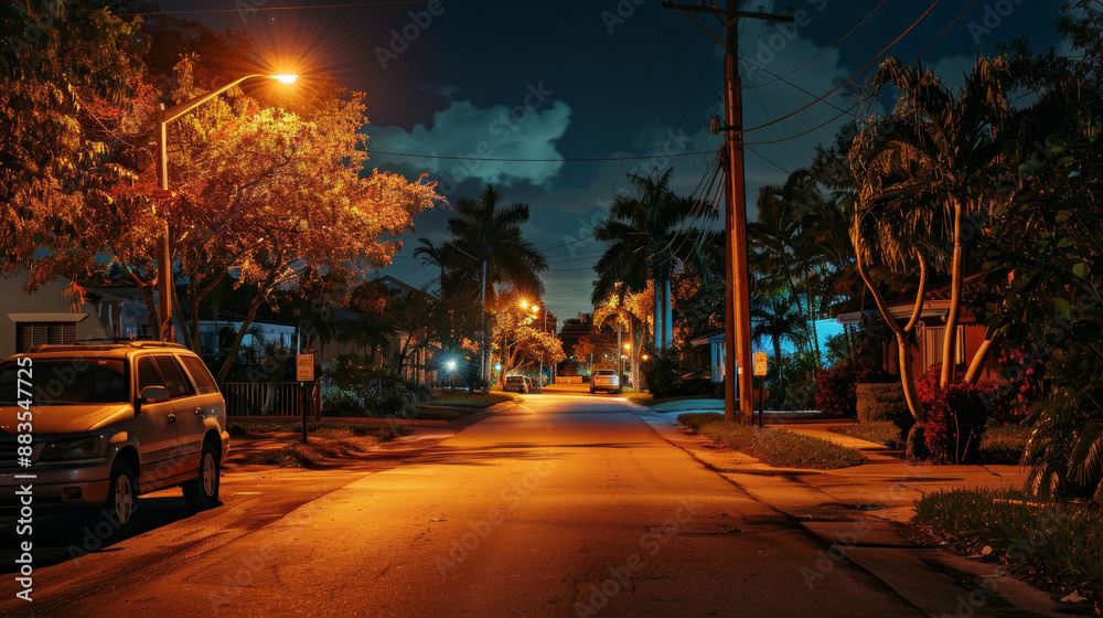 Fototapeta premium Palm Trees: Lining the street, tall palm trees sway gently in the warm night breeze, their fronds rustling softly against the backdrop of a clear sky. 