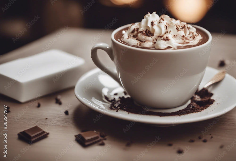 Hot chocolate in a porcelain mug with whipped cream and chocolate shavings in a cozy upscale cafe Hot chocolate in a porcelain mug with whipped cream and chocolate shavings in a cozy upscale cafe