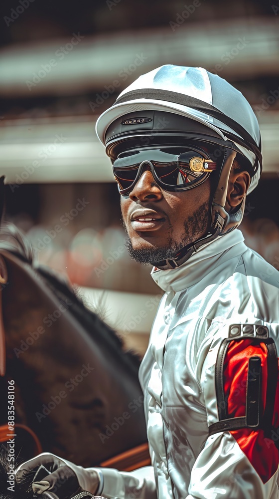 African American male equestrian riding a horse with a black jacket and helmet. Concept of man athlete, horse riding, sport, equestrian training. Vertical African American male equestrian riding a horse with a black jacket and helmet. Concept of man athlete, horse riding, sport, equestrian training. Vertical