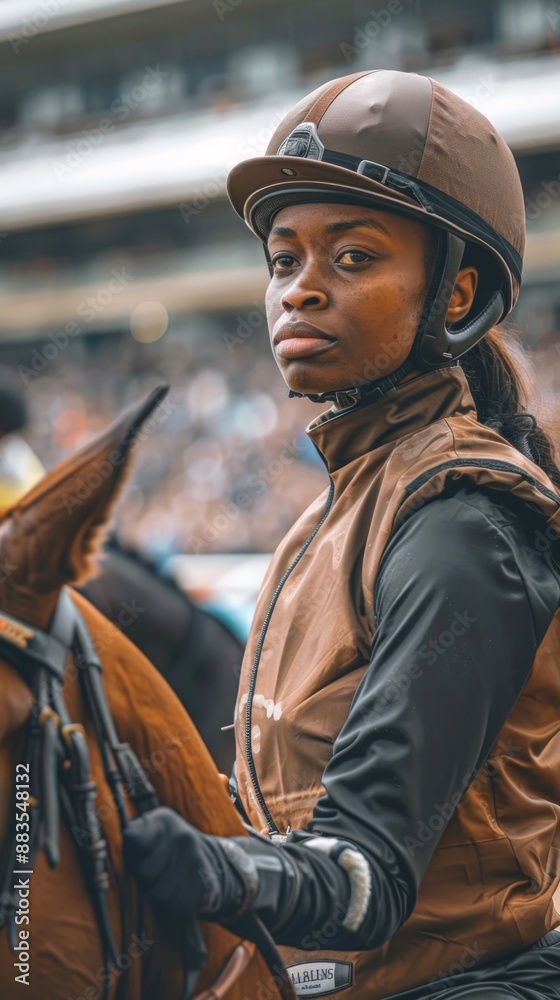 African American female equestrian on horseback for show jumping. Concept of horse rider, competitive sport, equestrian elegance. Vertical African American female equestrian on horseback for show jumping. Concept of horse rider, competitive sport, equestrian elegance. Vertical