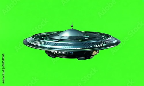 A 3D rendering of a sleek, metallic UFO or alien spaceship hovering against a bright chroma key green screen background