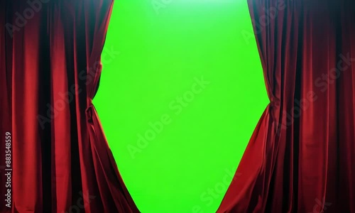 A luxurious red velvet stage curtain made of silk slowly opens to reveal a bright chroma key green screen (mov) 