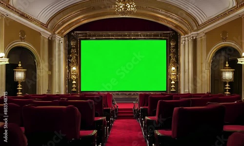 A grand movie theater with red velvet seats arranged in rows facing a chroma key green screen (mov)