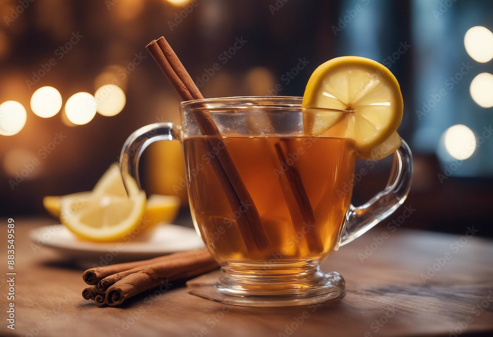Hot toddy in a glass mug with a cinnamon stick and lemon slice in a cozy, upscale pub Hot toddy in a glass mug with a cinnamon stick and lemon slice in a cozy, upscale pub