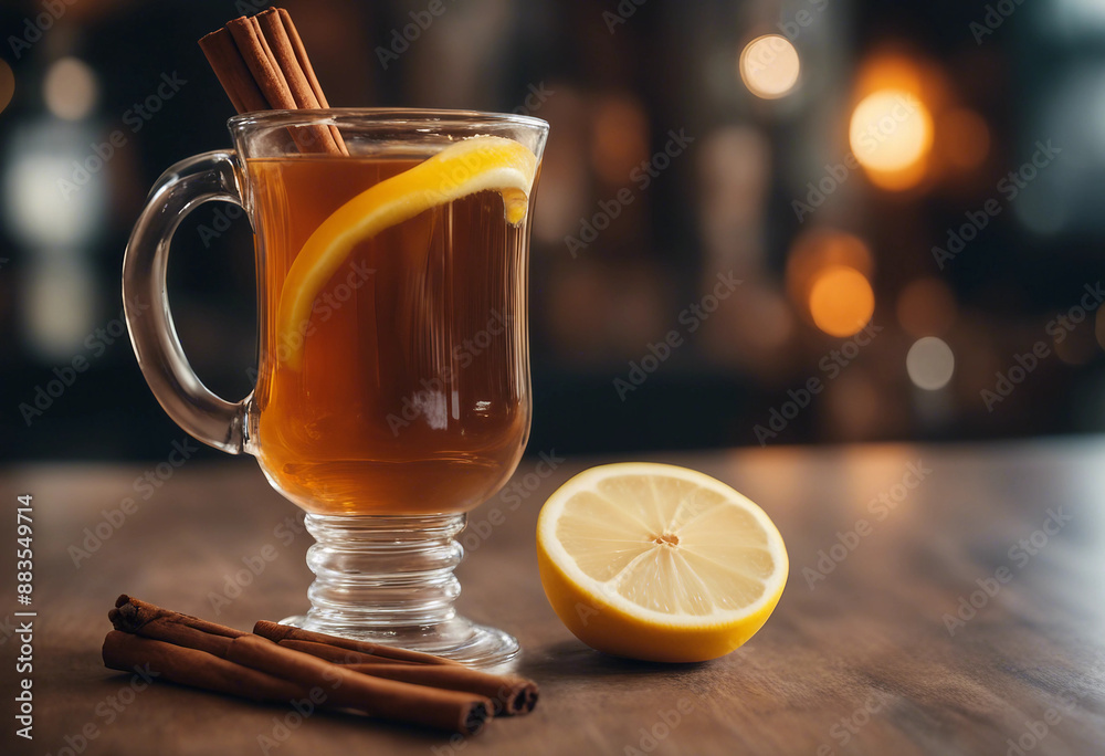 Hot toddy in a glass mug with a cinnamon stick and lemon slice in a cozy, upscale pub