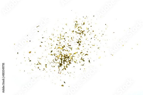 Fototapeta Naklejka Na Ścianę i Meble -  Zaatar spice isolated on white. Pile of zaatar (za'atar), a middle eastern spice mix with sesame seeds, salt, oregano, thyme, and marjoram - isolated
