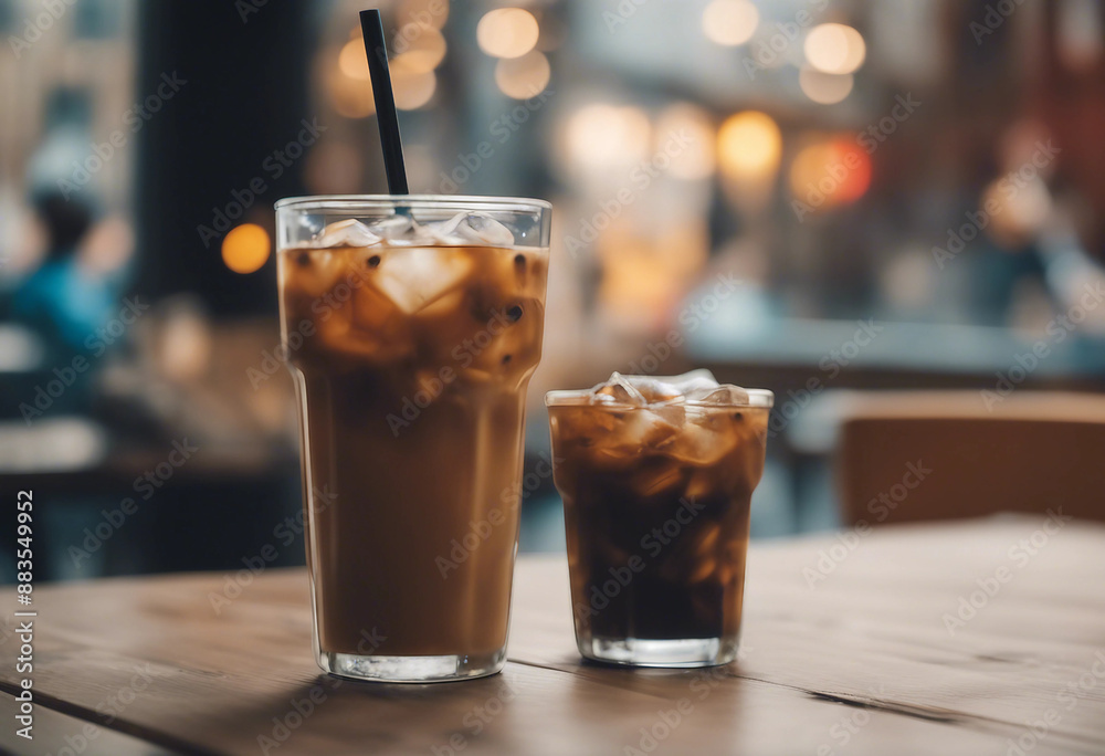Iced coffee in a tall glass with ice cubes and a straw in a trendy urban cafe Iced coffee in a tall glass with ice cubes and a straw in a trendy urban cafe