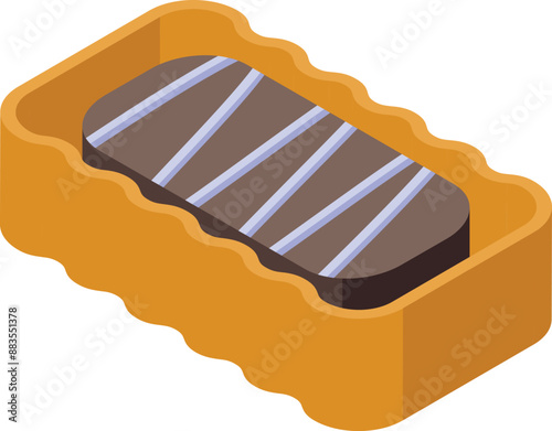 Chocolate bar with white stripes lying in an open yellow cardboard box, isometric view