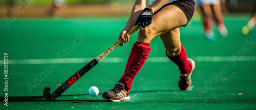 Female field hockey player in green uniform dribbling ball on field, wearing protective gear.