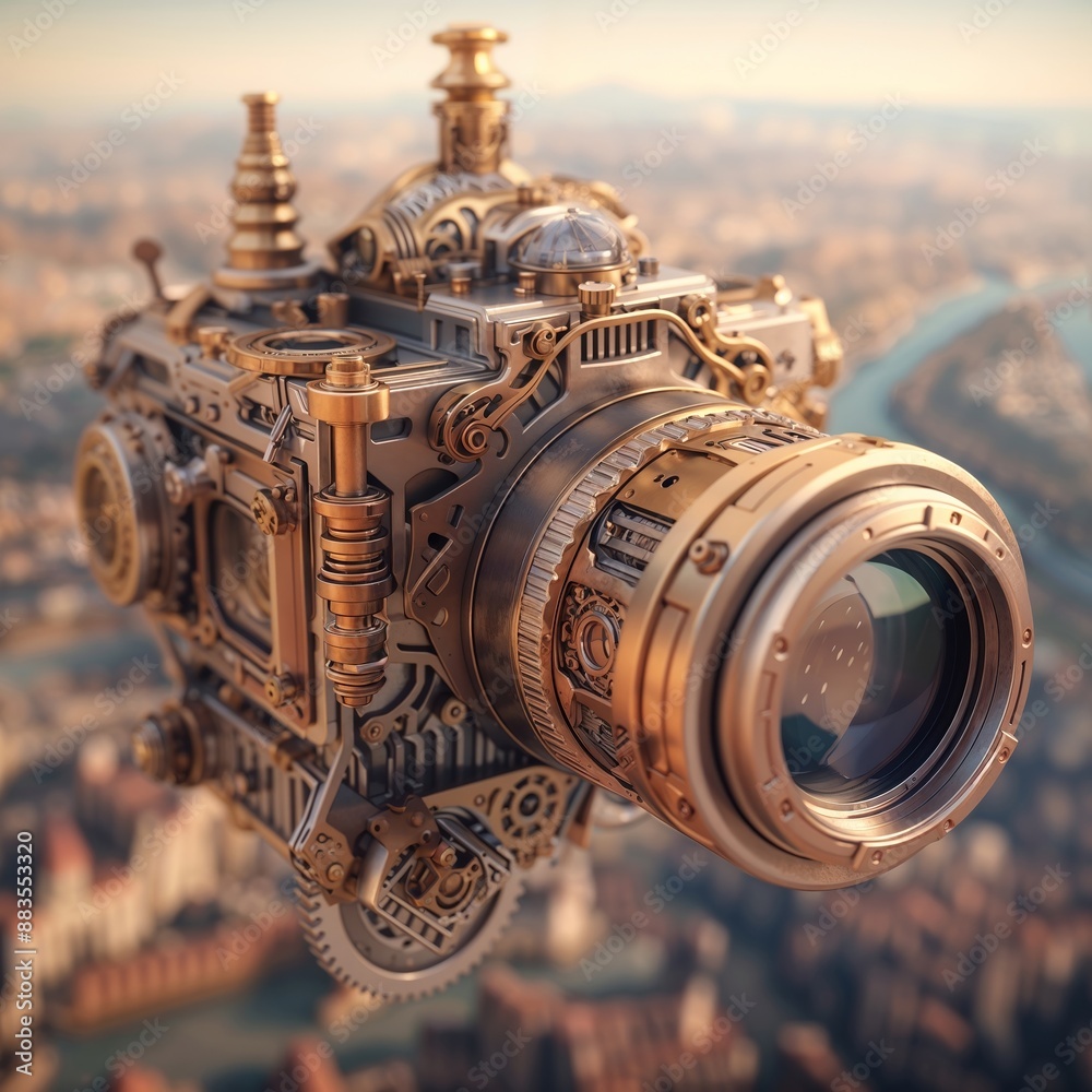 Steampunk Mechanical Camera Overlooking a Cityscape at Dusk Steampunk Mechanical Camera Overlooking a Cityscape at Dusk