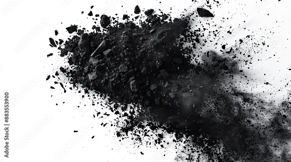 Isolated illustration of black coal dust with fragmented effect explosion on a white background complete with texture and clipping path Isolated illustration of black coal dust with fragmented effect explosion on a white background complete with texture and clipping path