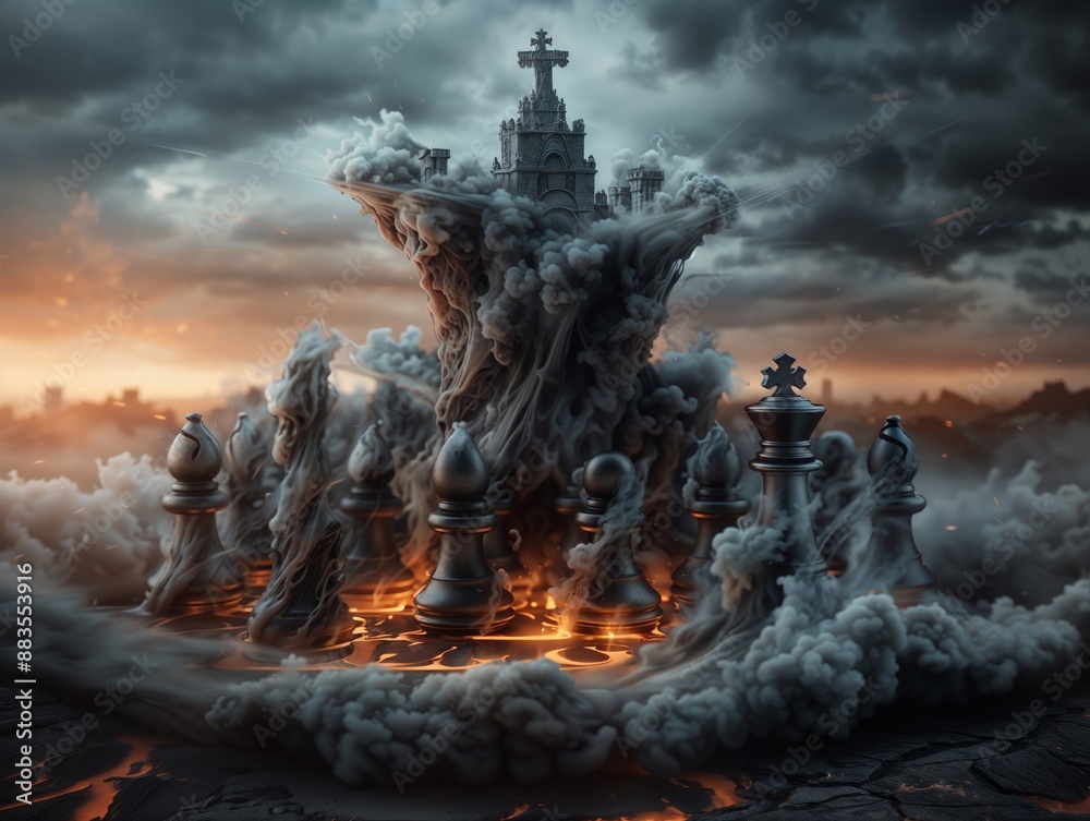 Dramatic Chess Pieces with Erupting Volcano and Burning Landscape