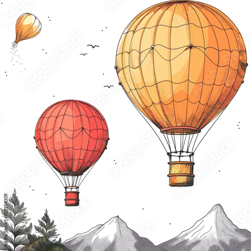 Colorful Hot Air Balloons Over Mountains and Forest for Adventure-Themed Art and Travel Decor