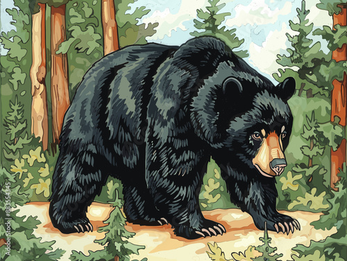 Detailed Illustration of a Black Bear in Forest for Wildlife-Themed Art and Nature Decor
