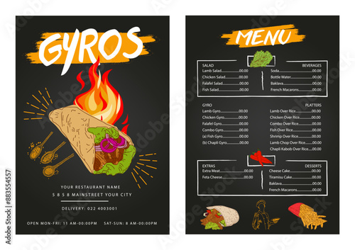 Greek Gyros Hand drawn vector illustration. Making Gyros ingredients. Fast food design elements. Restaurant cafe poster, menu template design.