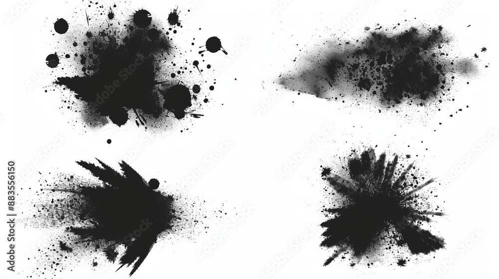 Set of isolated illustrations featuring explosion black grainy textures on a white background showcasing dust overlay textured elements and dark noise particles suitable for grunge Set of isolated illustrations featuring explosion black grainy textures on a white background showcasing dust overlay textured elements and dark noise particles suitable for grunge