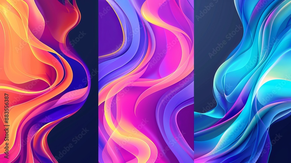 Set of vector backgrounds featuring abstract fluid curves with gradient blended lines and colorful shapes creating dynamic and modern designs with bright flowing waves in motion Set of vector backgrounds featuring abstract fluid curves with gradient blended lines and colorful shapes creating dynamic and modern designs with bright flowing waves in motion