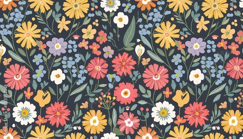  Floral seamless pattern made of meadow plants and flowers. Summer nature ornament. Modern flat design. Fashion style for textile and fabric. Generative ai image