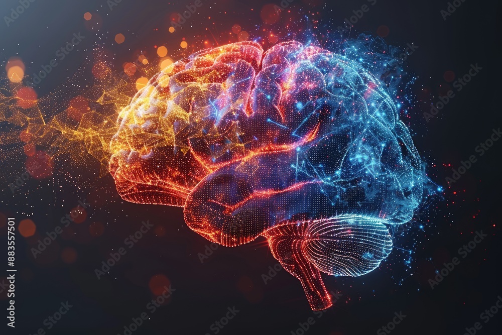 Glowing blue and orange digital brain illustration with particles Glowing blue and orange digital brain illustration with particles
