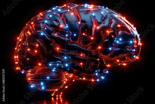 Glowing Blue and Red Synapses in Brain with Black Background photo