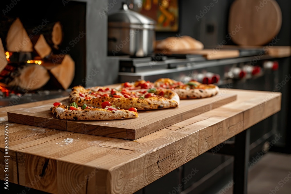 Wooden table for product pizza display, pizza oven, generative AI Wooden table for product pizza display, pizza oven, generative AI