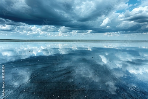 Dark clouds reflecting on a calm beach at low tide