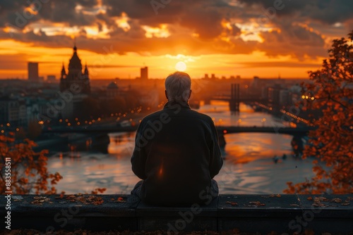 Man watching a beautiful sunset over a river in an urban city