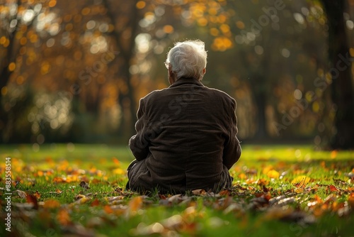 Elderly man sits on fallen leaves in a park surrounded by autumn trees