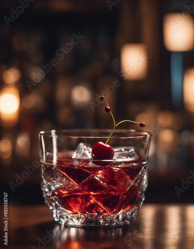 manhattan, crystal, coupe, glass, cherry, garnish, elegant, speakeasy, cocktail, whiskey, vermouth, bitters, sophisticated, premium, drink, classic, wine, alcohol, red, table, restaurant, white, wineg photo