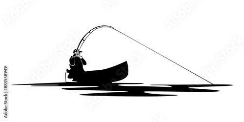 vector hand drawn silhouette a man fishing in above small ship