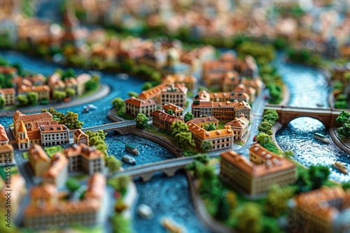 Miniature city model with intricate details and realistic water features photo