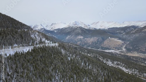 Winter drone shot of Rocky Mountains in Colorado, USA