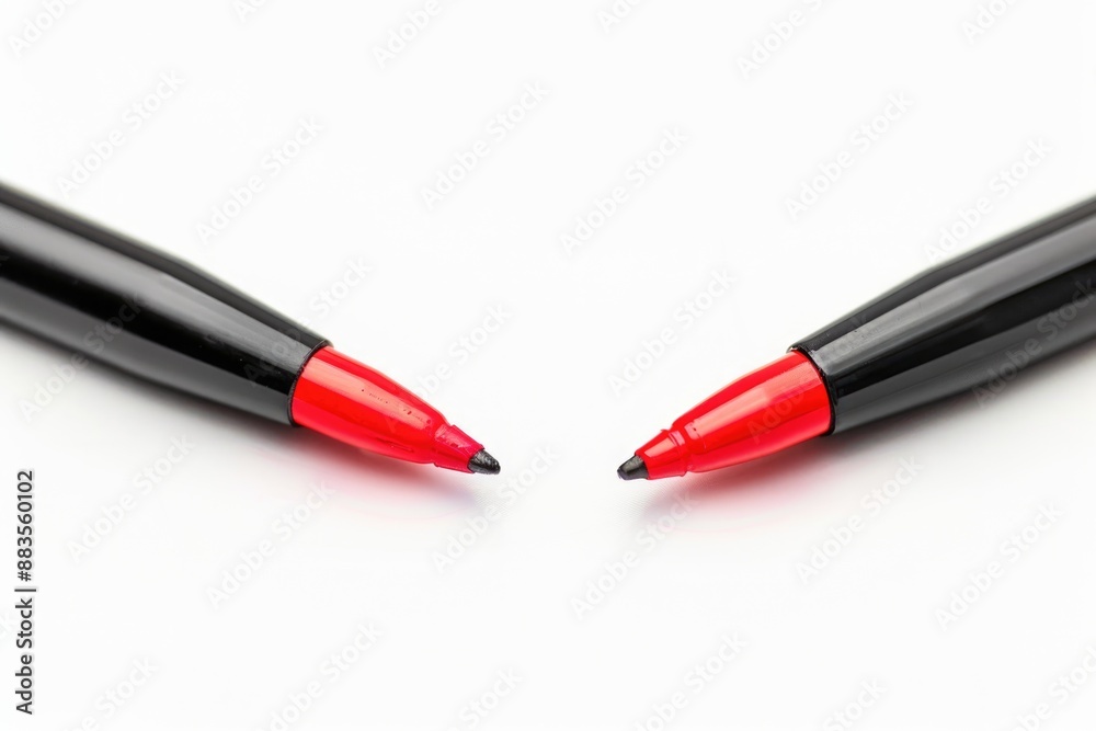 Two black and red pens placed together on a surface Two black and red pens placed together on a surface