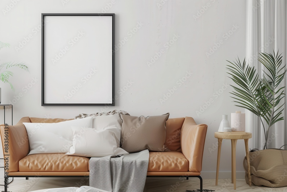 Fototapeta premium Minimalist living room interior with blank frame mockup on beige wall, brown leather sofa, houseplant, and natural sunlight. Mock up for art or photo display, home decor concept