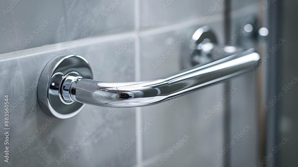 Close-up Image of a Curved Chrome Grab Bar for Bathroom Safety. Concept Bathroom Safety, Chrome Grab Bar, Close-up Photography Close-up Image of a Curved Chrome Grab Bar for Bathroom Safety. Concept Bathroom Safety, Chrome Grab Bar, Close-up Photography