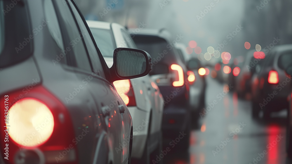 Fototapeta premium 雨の降る幹線道路にびっしりと繋がった大渋滞を描いたリアルイラスト