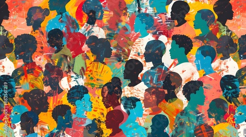 Colorful diverse people crowd abstract art seamless pattern. Multi-ethnic community, big cultural diversity group background illustration in modern collage painting style. 