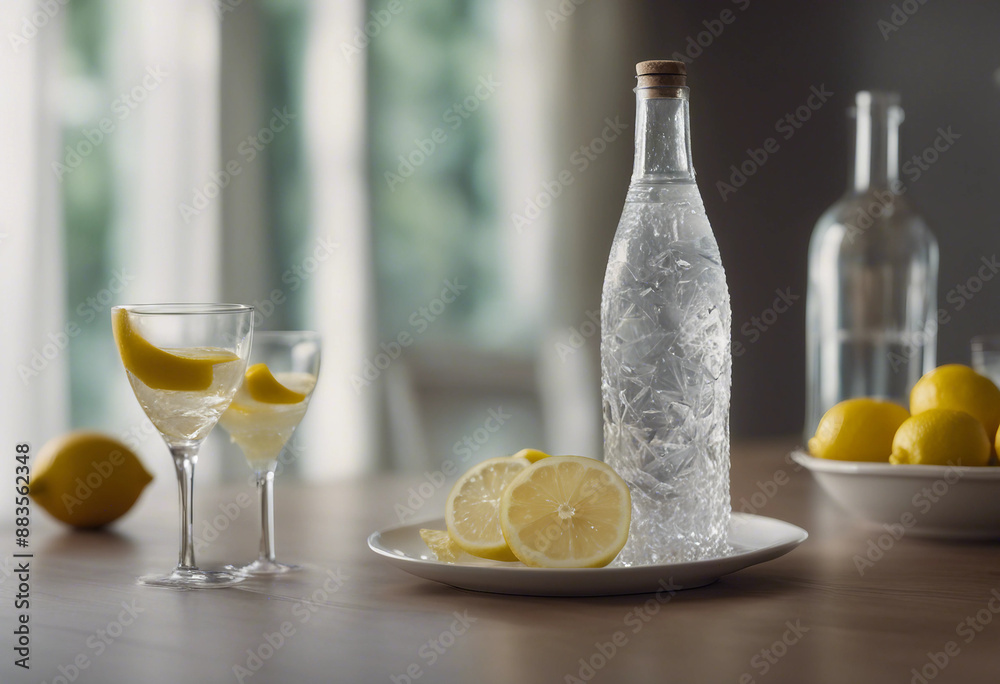 Mineral water in a crystal bottle with a glass and lemon slices in a sophisticated dining room
Mineral water in a crystal bottle with a glass and lemon slices in a sophisticated dining room