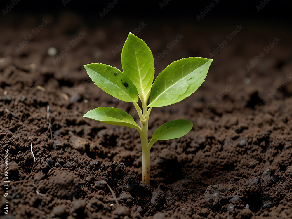 A fresh plant sprout with small leaves breaking through the soil, isolated against a white background A fresh plant sprout with small leaves breaking through the soil, isolated against a white background