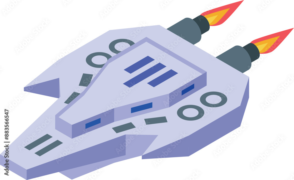 Modern spaceship flying in space with burning engines, futuristic spacecraft concept