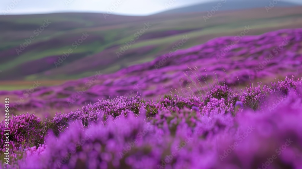 Obraz premium Heather blooms create a stunning carpet of purple and pink hues across landscapes